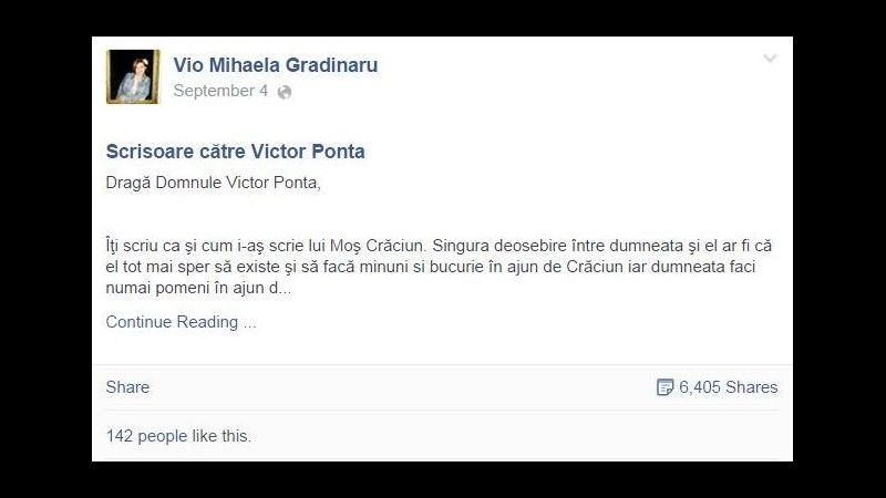Scrisoare catre Victor Ponta de Vio Mihaela Gradinaru – un post mai bun decat orice viral tactic de campanie cu mesaj "Huuu Ponta"