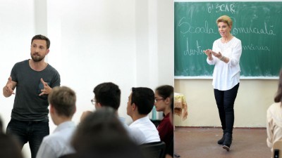 Teo Trandafir si Dani Otil explica elevilor beneficiile invatamantului profesional in proiectul o’SCAR