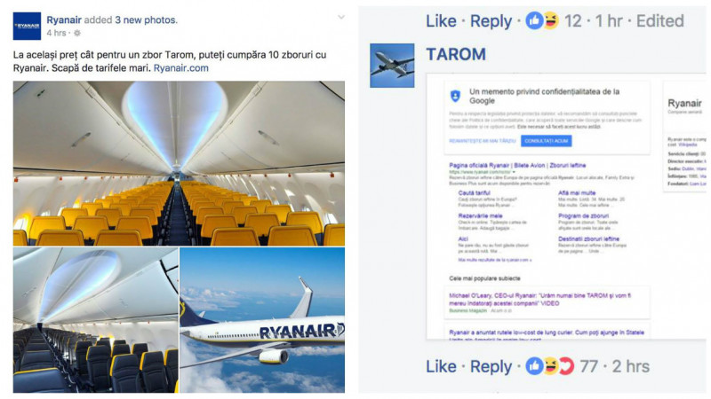 Ceartă publicitară între Ryanair și Tarom