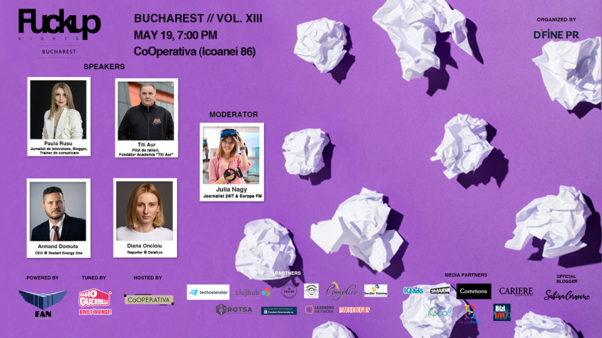 Titi Aur, pilot de raliuri, Armand Domuță, CEO Restart Energy One, Diana Oncioiu, reporter, jurnalist independent, Paula Rusu, jurnalist și blogger, vin la Fuckup Nights Bucharest pentru a vorbi despre eșec, cum l-au depășit și ce au învățat