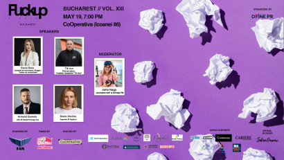 Titi Aur, pilot de raliuri, Armand Domuța, CEO Restart Energy One, Diana Oncioiu, reporter și jurnalist independent, Paula Rusu, jurnalist și blogger, vin la Fuckup Nights ediția a XIII-a