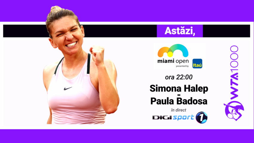 Simona Halep revine astăzi pe teren la Miami Open, într-un meci transmis în exclusivitate pe Digi Sport