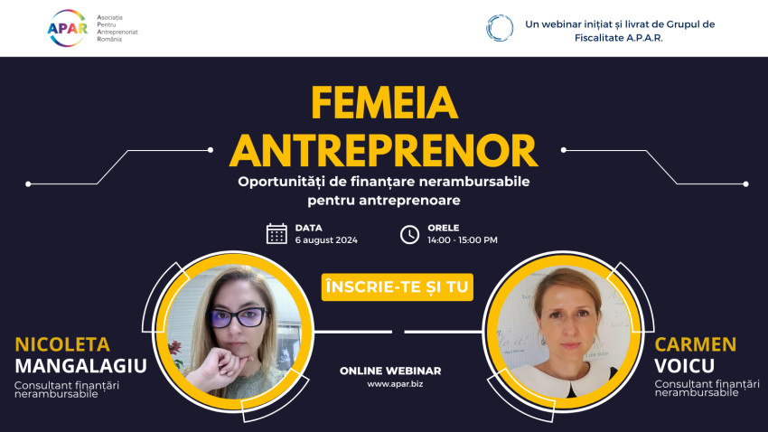 Webinar gratuit pe Zoom: „Femeia Antreprenor - Oportunități de finanțare nerambursabile pentru antreprenoare”