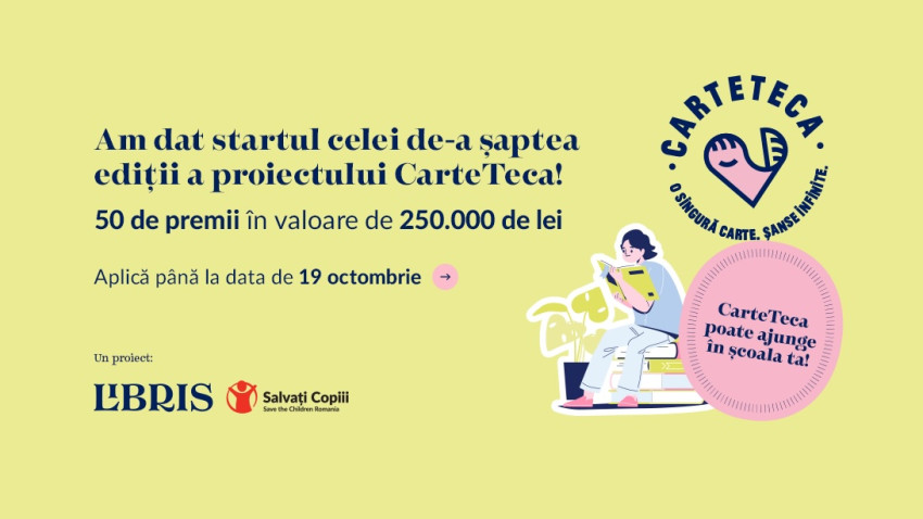 CarteTeca 2025: 250.000 lei pentru 50 de biblioteci școlare. Libris și Salvați Copiii România dau startul înscrierilor pentru cea de-a 7-a ediție