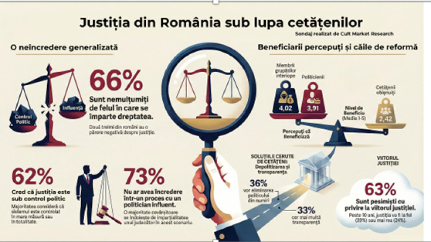 2 din 3 români cred ca este important ca cetățenii să susțină independența magistraților prin acțiuni civice. 6 in 10 consideră că Justiția este controlată politic