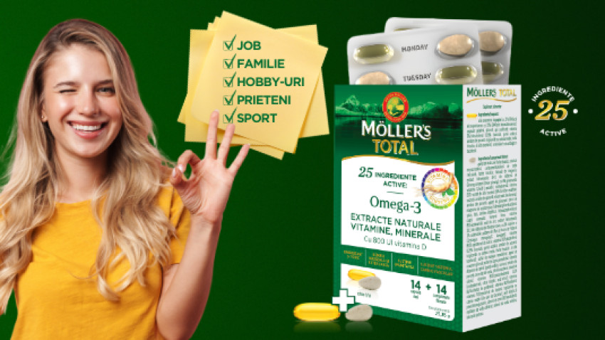 Möller's susține performanța prin Möller's TOTAL. Triada GINSENG, OMEGA-3 și D3 asigură focus, energie, imunitate, să  le faci pe toate