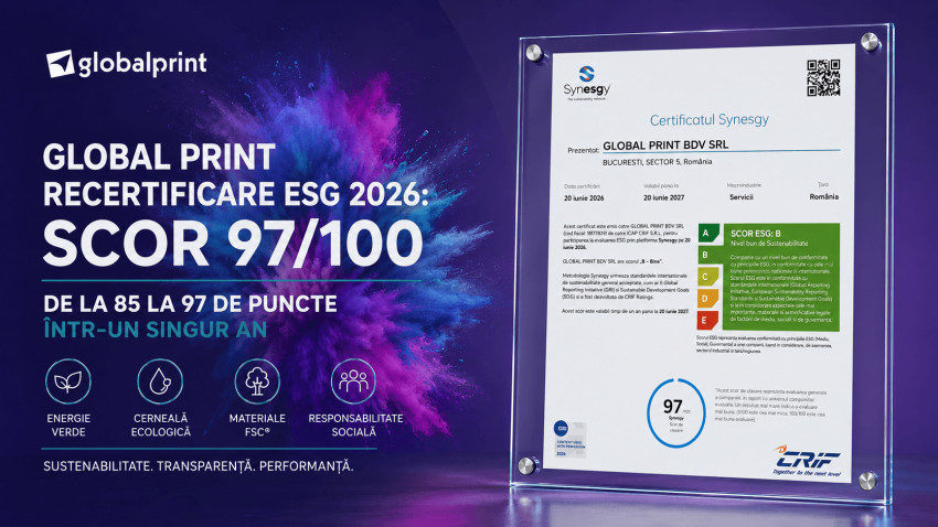 Global Print reconfirmă leadership-ul ESG: scor 97/100 la recertificarea Synesgy 2026 – o evoluție de 12 puncte față de certificarea inițială