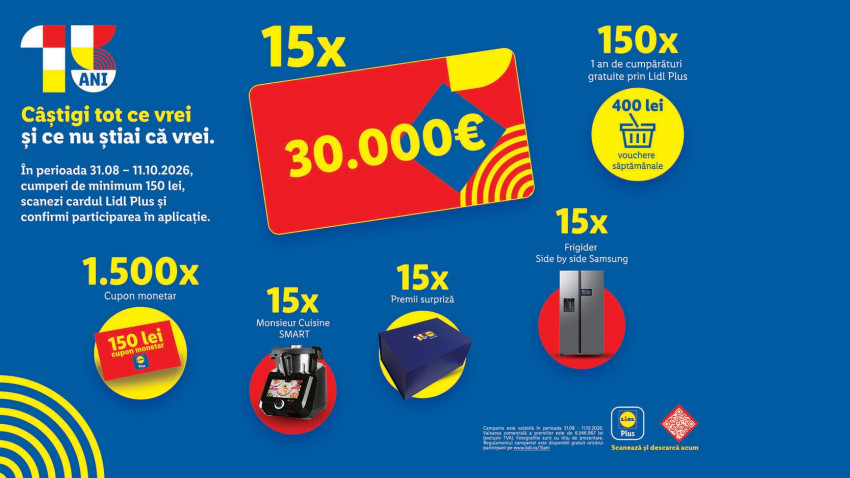 Concurs în premieră cu ocazia aniversării de 15 ani Lidl România: Premii de până la 30.000 euro pentru clienți
