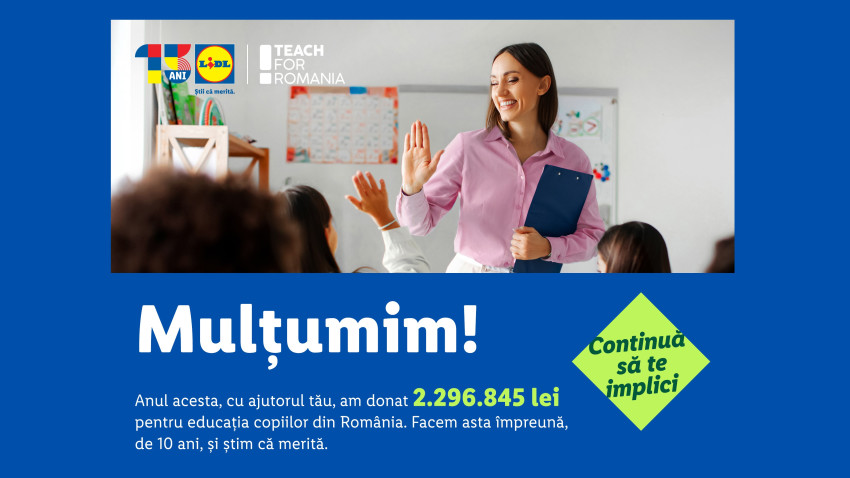 Cu sprijinul clienților săi, Lidl România donează aproape 2,3 milioane de lei către Teach for Romania, pentru a susține educația copiilor din comunități vulnerabile